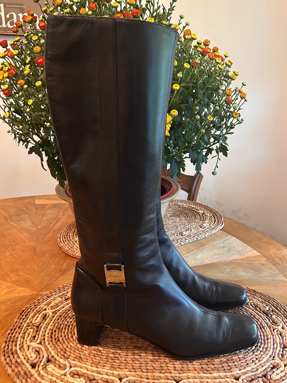 Salvatore Ferragamo Black Leather Knee-High Boots | Minimalist Buckle | 9 Narrow